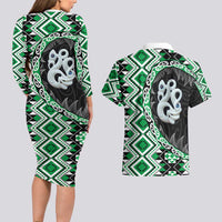 Green Taniko Motif Aotearoa Manaia and Silver Fern Couples Matching Long Sleeve Bodycon Dress and Hawaiian Shirt LT03 - Polynesian Pride