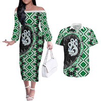Green Taniko Motif Aotearoa Manaia and Silver Fern Couples Matching Off The Shoulder Long Sleeve Dress and Hawaiian Shirt LT03 Green - Polynesian Pride