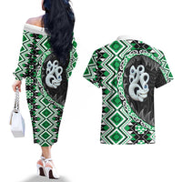 Green Taniko Motif Aotearoa Manaia and Silver Fern Couples Matching Off The Shoulder Long Sleeve Dress and Hawaiian Shirt LT03 - Polynesian Pride