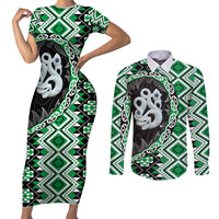 Green Taniko Motif Aotearoa Manaia and Silver Fern Couples Matching Short Sleeve Bodycon Dress and Long Sleeve Button Shirt LT03 Green - Polynesian Pride