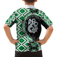 Green Taniko Motif Aotearoa Manaia and Silver Fern Family Matching Off The Shoulder Long Sleeve Dress and Hawaiian Shirt LT03 - Polynesian Pride