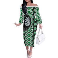 Green Taniko Motif Aotearoa Manaia and Silver Fern Family Matching Off The Shoulder Long Sleeve Dress and Hawaiian Shirt LT03 Mom's Dress Green - Polynesian Pride