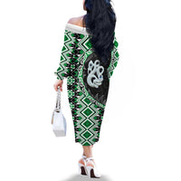 Green Taniko Motif Aotearoa Manaia and Silver Fern Family Matching Off The Shoulder Long Sleeve Dress and Hawaiian Shirt LT03 - Polynesian Pride