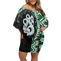 Green Taniko Motif Aotearoa Manaia and Silver Fern Family Matching Off Shoulder Short Dress and Hawaiian Shirt LT03 Mom's Dress Green - Polynesian Pride