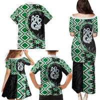 Green Taniko Motif Aotearoa Manaia and Silver Fern Family Matching Puletasi and Hawaiian Shirt LT03 - Polynesian Pride