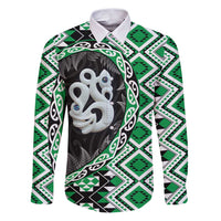 Green Taniko Motif Aotearoa Manaia and Silver Fern Family Matching Puletasi and Hawaiian Shirt LT03 Dad's Shirt - Long Sleeve Green - Polynesian Pride