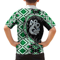 Green Taniko Motif Aotearoa Manaia and Silver Fern Family Matching Short Sleeve Bodycon Dress and Hawaiian Shirt LT03 - Polynesian Pride
