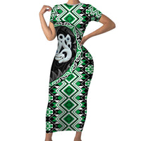Green Taniko Motif Aotearoa Manaia and Silver Fern Family Matching Short Sleeve Bodycon Dress and Hawaiian Shirt LT03 Mom's Dress Green - Polynesian Pride