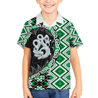 Green Taniko Motif Aotearoa Manaia and Silver Fern Family Matching Short Sleeve Bodycon Dress and Hawaiian Shirt LT03 Son's Shirt Green - Polynesian Pride