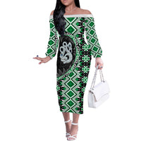 Green Taniko Motif Aotearoa Manaia and Silver Fern Off The Shoulder Long Sleeve Dress LT03 Women Green - Polynesian Pride