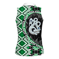 Green Taniko Motif Aotearoa Manaia and Silver Fern Women Sleeveless Polo Shirt LT03 - Polynesian Pride