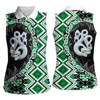 Green Taniko Motif Aotearoa Manaia and Silver Fern Women Sleeveless Polo Shirt LT03 - Polynesian Pride