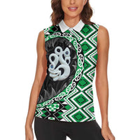 Green Taniko Motif Aotearoa Manaia and Silver Fern Women Sleeveless Polo Shirt LT03 - Polynesian Pride
