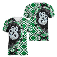 Green Taniko Motif Aotearoa Manaia and Silver Fern Women V-Neck T-Shirt LT03 - Polynesian Pride