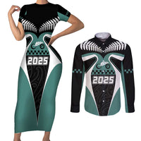 Custom New Zealand Bicycle 2025 Couples Matching Short Sleeve Bodycon Dress and Long Sleeve Button Shirt LT03 Black-Teal - Polynesian Pride