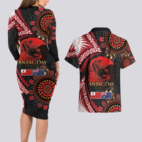 Tonga and Australia ANZAC Day Couples Matching Long Sleeve Bodycon Dress and Hawaiian Shirt Aboriginal and Ngatu Art Pattern - Gallipoli Lest We Forget LT03 - Polynesian Pride
