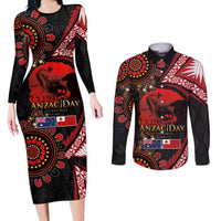 Tonga and Australia ANZAC Day Couples Matching Long Sleeve Bodycon Dress and Long Sleeve Button Shirt Aboriginal and Ngatu Art Pattern - Gallipoli Lest We Forget LT03 Black - Polynesian Pride