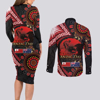 Tonga and Australia ANZAC Day Couples Matching Long Sleeve Bodycon Dress and Long Sleeve Button Shirt Aboriginal and Ngatu Art Pattern - Gallipoli Lest We Forget LT03 - Polynesian Pride