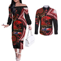 Tonga and Australia ANZAC Day Couples Matching Off The Shoulder Long Sleeve Dress and Long Sleeve Button Shirt Aboriginal and Ngatu Art Pattern - Gallipoli Lest We Forget LT03 Black - Polynesian Pride