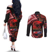 Tonga and Australia ANZAC Day Couples Matching Off The Shoulder Long Sleeve Dress and Long Sleeve Button Shirt Aboriginal and Ngatu Art Pattern - Gallipoli Lest We Forget LT03 - Polynesian Pride
