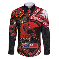 Tonga and Australia ANZAC Day Family Matching Off The Shoulder Long Sleeve Dress and Hawaiian Shirt Aboriginal and Ngatu Art Pattern - Gallipoli Lest We Forget LT03 Dad's Shirt - Long Sleeve Black - Polynesian Pride