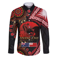 Tonga and Australia ANZAC Day Family Matching Puletasi and Hawaiian Shirt Aboriginal and Ngatu Art Pattern - Gallipoli Lest We Forget LT03 Dad's Shirt - Long Sleeve Black - Polynesian Pride