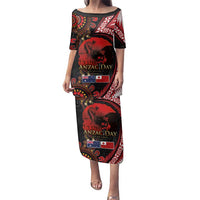 Tonga and Australia ANZAC Day Family Matching Puletasi and Hawaiian Shirt Aboriginal and Ngatu Art Pattern - Gallipoli Lest We Forget LT03 Mom's Dress Black - Polynesian Pride