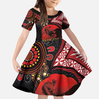 Tonga and Australia ANZAC Day Family Matching Short Sleeve Bodycon Dress and Hawaiian Shirt Aboriginal and Ngatu Art Pattern - Gallipoli Lest We Forget LT03 Daughter's Dress Black - Polynesian Pride