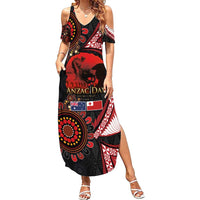 Tonga and Australia ANZAC Day Family Matching Summer Maxi Dress and Hawaiian Shirt Aboriginal and Ngatu Art Pattern - Gallipoli Lest We Forget LT03 Mom's Dress Black - Polynesian Pride