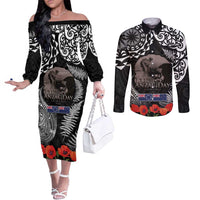 New Zealand and Cook Islands ANZAC Day Couples Matching Off The Shoulder Long Sleeve Dress and Long Sleeve Button Shirt Gallipoli Lest We Forget Tatau Art Tribal and Maori Tattoo with Fern LT03 Black - Polynesian Pride