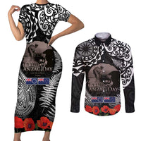 New Zealand and Cook Islands ANZAC Day Couples Matching Short Sleeve Bodycon Dress and Long Sleeve Button Shirt Gallipoli Lest We Forget Tatau Art Tribal and Maori Tattoo with Fern LT03 Black - Polynesian Pride
