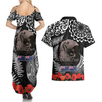 New Zealand and Cook Islands ANZAC Day Couples Matching Summer Maxi Dress and Hawaiian Shirt Gallipoli Lest We Forget Tatau Art Tribal and Maori Tattoo with Fern LT03 - Polynesian Pride