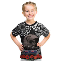 New Zealand and Cook Islands ANZAC Day Kid T Shirt Gallipoli Lest We Forget Tatau Art Tribal and Maori Tattoo with Fern LT03 Black - Polynesian Pride