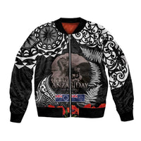 New Zealand and Cook Islands ANZAC Day Sleeve Zip Bomber Jacket Gallipoli Lest We Forget Tatau Art Tribal and Maori Tattoo with Fern LT03 Unisex Black - Polynesian Pride
