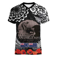 New Zealand and Cook Islands ANZAC Day Women V-Neck T-Shirt Gallipoli Lest We Forget Tatau Art Tribal and Maori Tattoo with Fern LT03 Female Black - Polynesian Pride