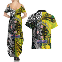 New Zealand and Cook Islands Together Couples Matching Summer Maxi Dress and Hawaiian Shirt Tatau Art Tribal Pattern-Maori Tattoo with Fern and Paua Shell LT03 - Polynesian Pride