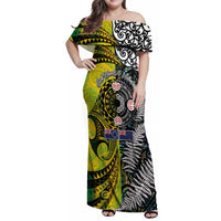 New Zealand and Cook Islands Together Family Matching Off Shoulder Maxi Dress and Hawaiian Shirt Tatau Art Tribal Pattern-Maori Tattoo with Fern and Paua Shell LT03 Mom's Dress Art - Polynesian Pride