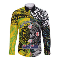New Zealand and Cook Islands Together Long Sleeve Button Shirt Tatau Art Tribal Pattern-Maori Tattoo with Fern and Paua Shell LT03 Unisex Art - Polynesian Pride