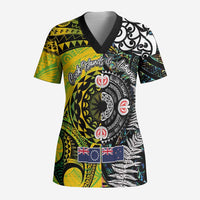 New Zealand and Cook Islands Together Scrub Top Tatau Art Tribal Pattern-Maori Tattoo with Fern and Paua Shell LT03 Adult Art - Polynesian Pride
