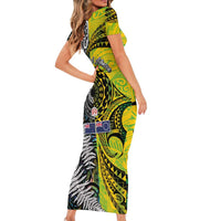 New Zealand and Cook Islands Together Short Sleeve Bodycon Dress Tatau Art Tribal Pattern-Maori Tattoo with Fern and Paua Shell LT03 - Polynesian Pride