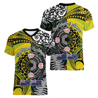 New Zealand and Cook Islands Together Women V-Neck T-Shirt Tatau Art Tribal Pattern-Maori Tattoo with Fern and Paua Shell LT03 - Polynesian Pride