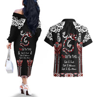 Aotearoa Toitu Te Tiriti-Maori Taniwha Couples Matching Off The Shoulder Long Sleeve Dress and Hawaiian Shirt Toitu Te Whenua Toitu Te Reo Maori LT03 - Polynesian Pride