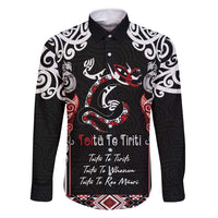 Aotearoa Toitu Te Tiriti-Maori Taniwha Family Matching Summer Maxi Dress and Hawaiian Shirt Toitu Te Whenua Toitu Te Reo Maori LT03 Dad's Shirt - Long Sleeve Black - Polynesian Pride