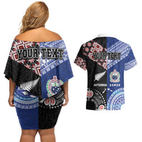 Personalised Aotearoa and Samoa Together Couples Matching Off Shoulder Short Dress and Hawaiian Shirt Tatau Art Tattoos-Taniko and Tukutuku with Maori Pattern LT03 - Polynesian Pride