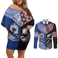 Personalised Aotearoa and Samoa Together Couples Matching Off Shoulder Short Dress and Long Sleeve Button Shirt Tatau Art Tattoos-Taniko and Tukutuku with Maori Pattern LT03 Black - Polynesian Pride