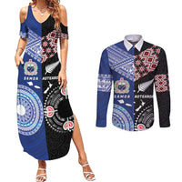Personalised Aotearoa and Samoa Together Couples Matching Summer Maxi Dress and Long Sleeve Button Shirt Tatau Art Tattoos-Taniko and Tukutuku with Maori Pattern LT03 Black - Polynesian Pride