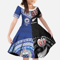 Personalised Aotearoa and Samoa Together Family Matching Off The Shoulder Long Sleeve Dress and Hawaiian Shirt Tatau Art Tattoos-Taniko and Tukutuku with Maori Pattern LT03 Daughter's Dress Black - Polynesian Pride