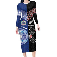 Personalised Aotearoa and Samoa Together Long Sleeve Bodycon Dress Tatau Art Tattoos-Taniko and Tukutuku with Maori Pattern LT03 Long Dress Black - Polynesian Pride
