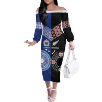 Personalised Aotearoa and Samoa Together Off The Shoulder Long Sleeve Dress Tatau Art Tattoos-Taniko and Tukutuku with Maori Pattern LT03 Women Black - Polynesian Pride