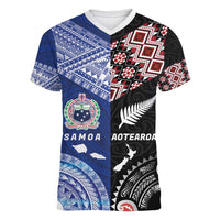 Personalised Aotearoa and Samoa Together Women V-Neck T-Shirt Tatau Art Tattoos-Taniko and Tukutuku with Maori Pattern LT03 Female Black - Polynesian Pride
